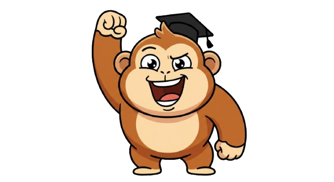 Kaer the monkey mascot in a graduation cap, excited — tap for more